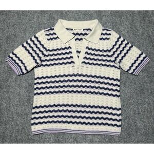 Marine Layer Spencer Open Stitch Polo Sweater Iris Stripe Women Small V Neck